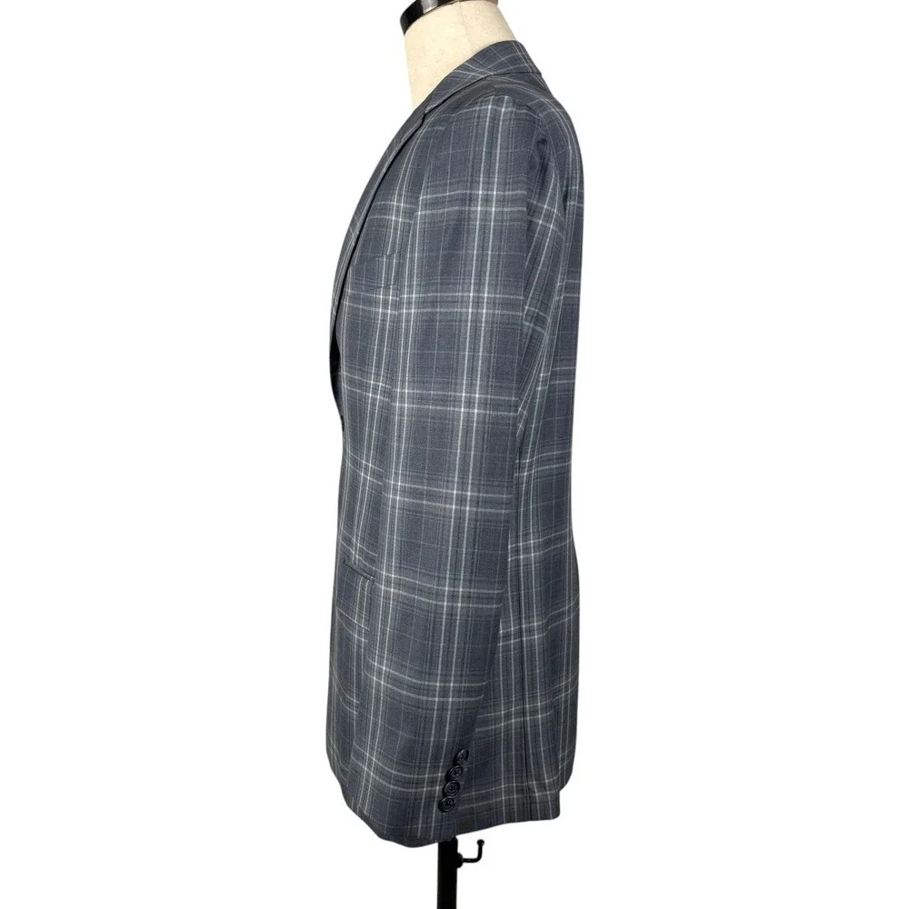 Joseph Abboud Loro Piana Super 110s Blazer Mens 40R Blue Gray Plaid‎ Wool USA